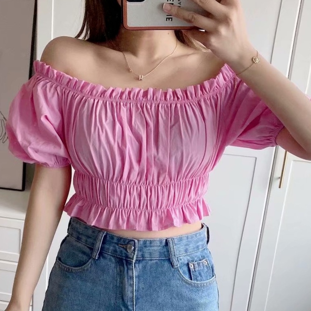 Pink and White Off-the-Shoulder Tube Top, Size S